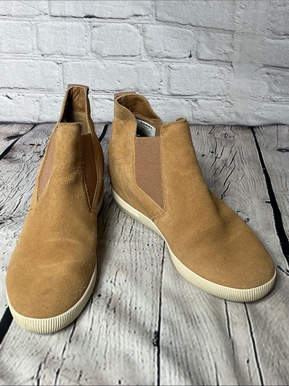 Sorel Tan Suede Slip-On Chelsea Wedge Booties